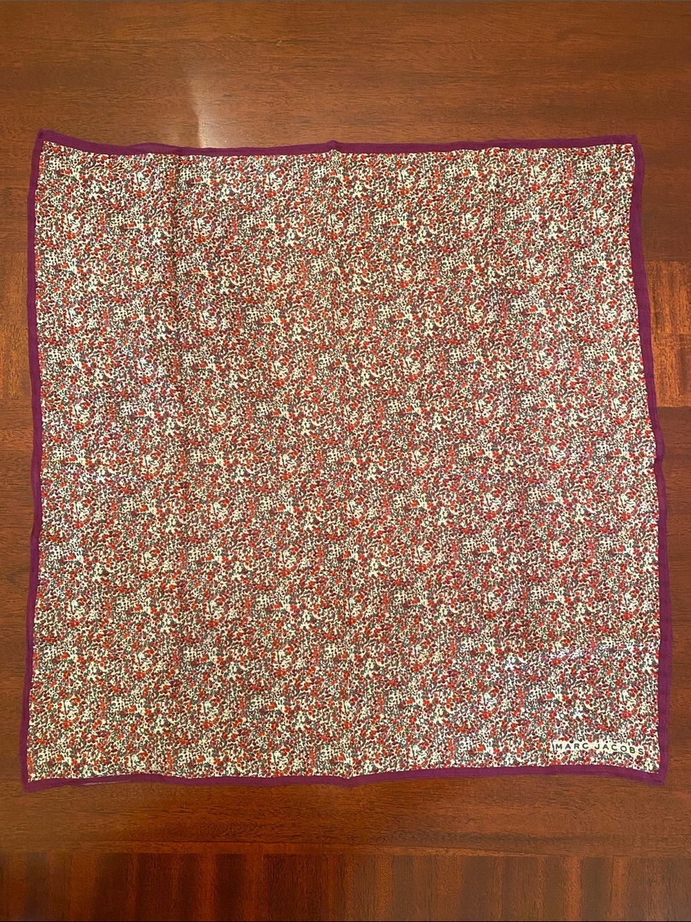 Marc Jacobs Silk Multicolor Ditsy Floral Silk Square Scarf with Purple Trim